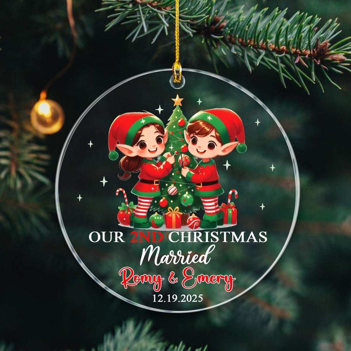 Customized Our 2ND Christmas Married Ornaments with Name & Date, Mr & Mrs Elf Married Ornament Gift