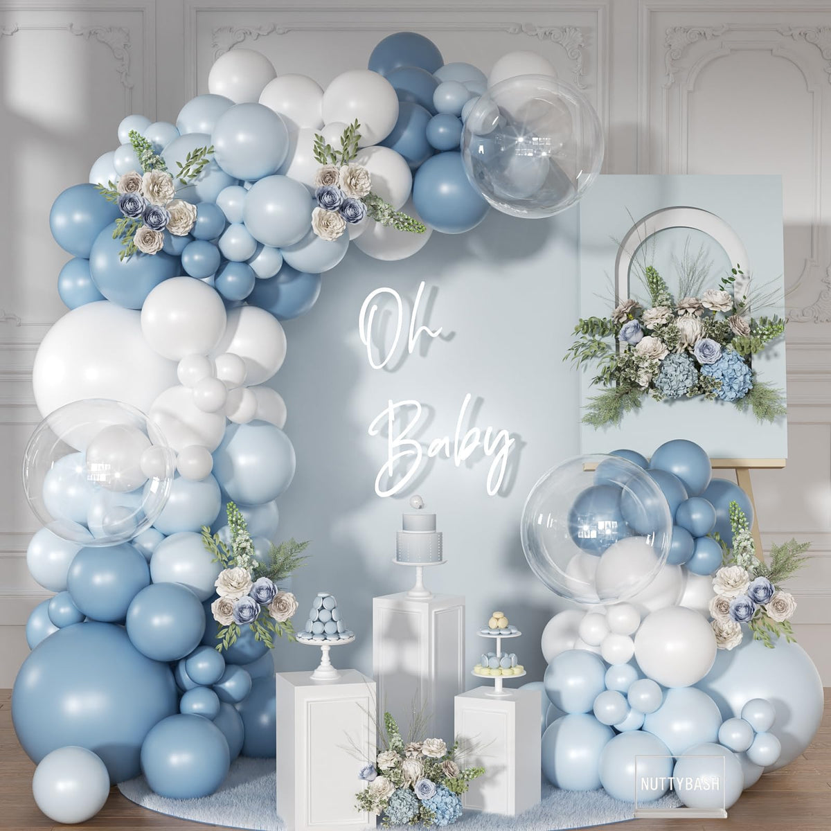 NUTTYBASH Dusty Blue Balloon Arch Kit Light Blue White Balloon Garland Kit