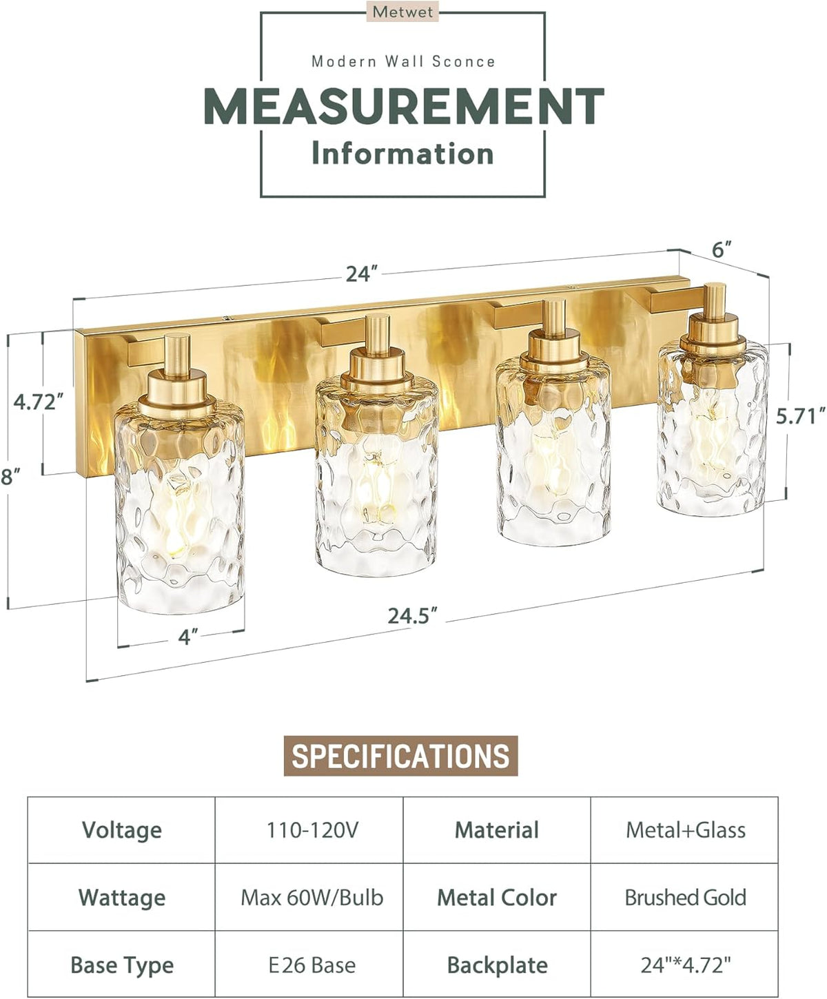 4-Light Bathroom Light Fixtures, 24.5 Inch Brushed Gold Vanity Lights with Clear Hammered Glass