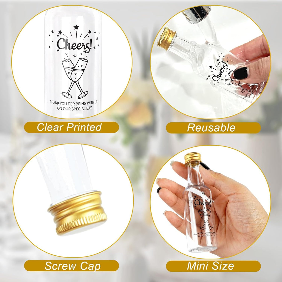 OurWarm 50 Pack Mini Liquor Bottles, 1.7oz/50ml Mini Shot Bottles with Gold Screw Caps Funnels Tags