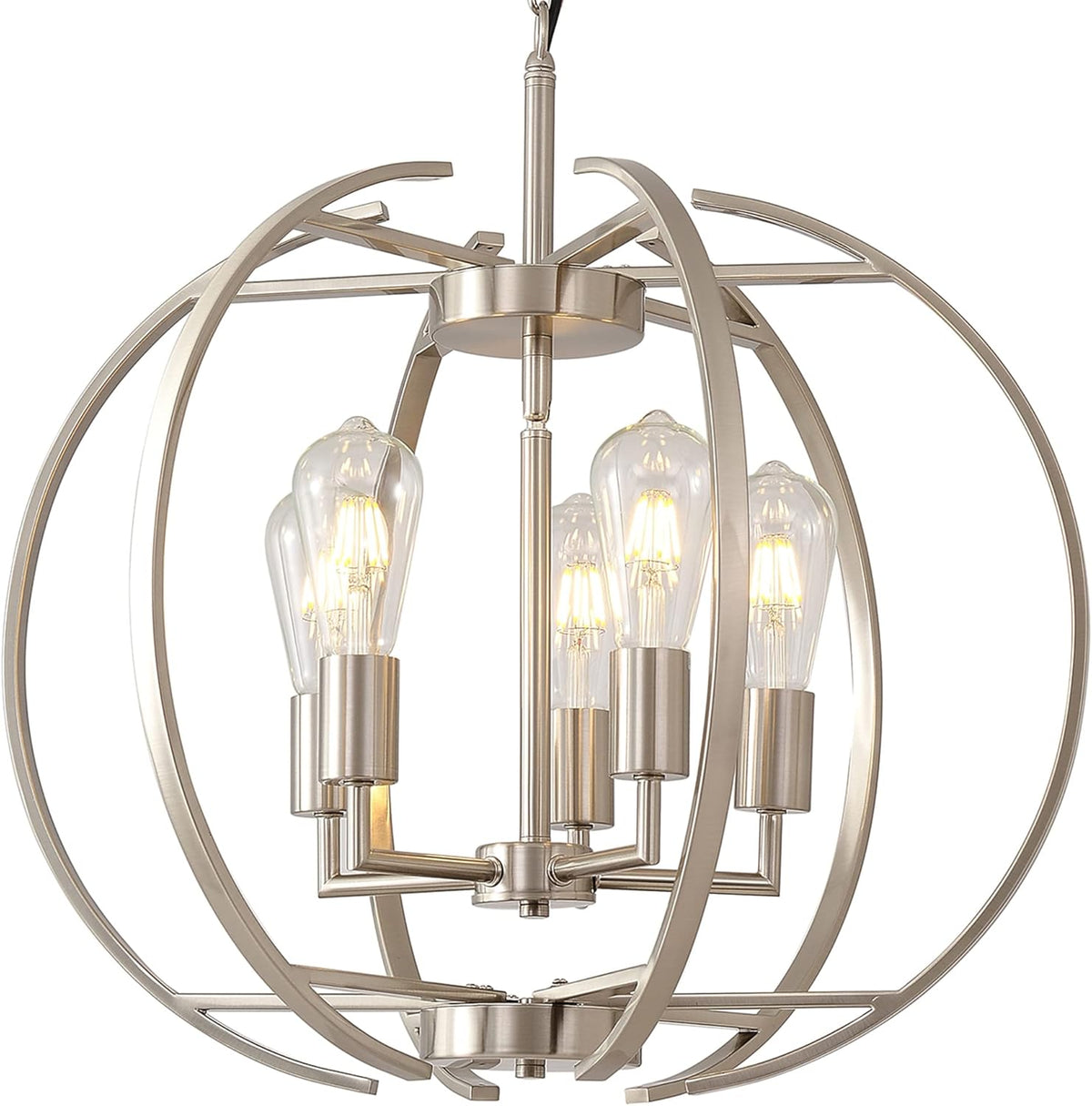 Large Lantern Globe Brushed Nickel Chandelier Lighting, Adjustable Hanging Ceiling Pendant 5 Light
