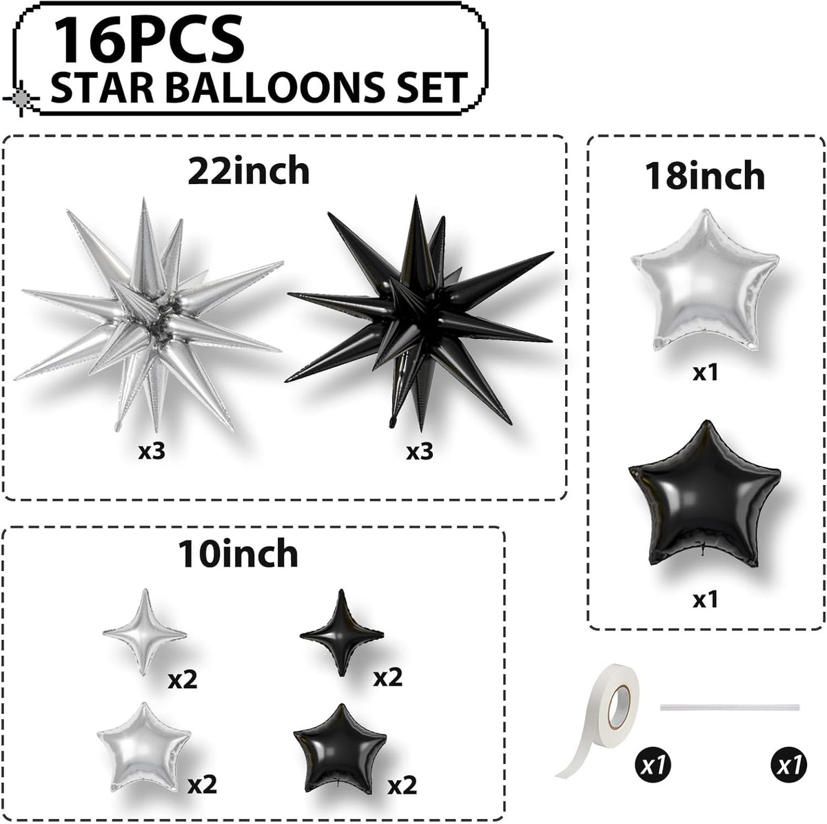 16 Pcs Black Silver Star Balloons,22/18/10 Inch Foil Balloons, Four-Pointed Balloon for Birthday
