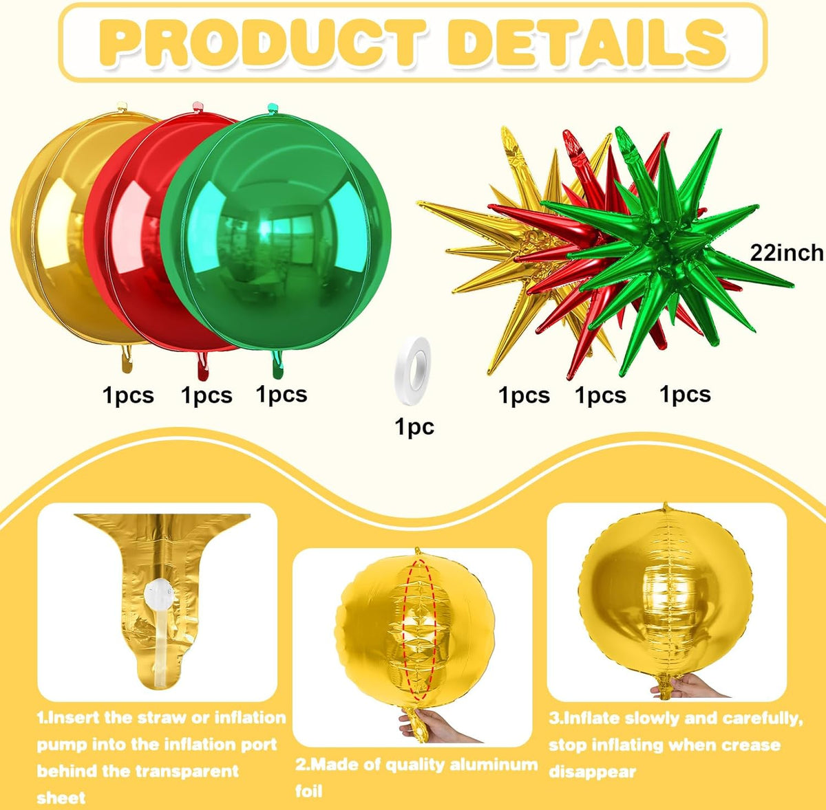 6Pcs Red Green Gold Foil Balloons,22Inch Green Red Gold 4D Round Ball Balloon and Explosion Star