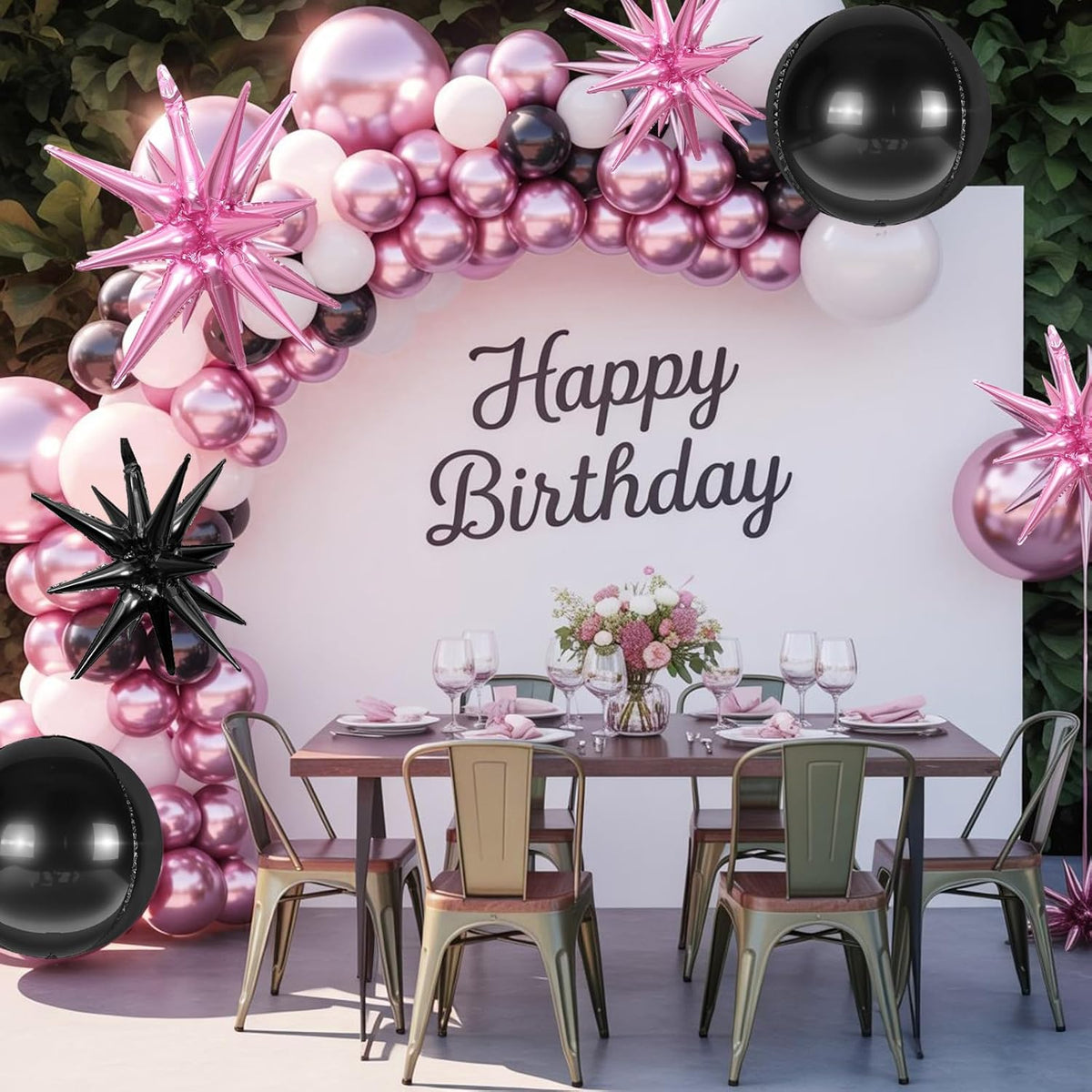 6Pcs Pink Black Foil Balloons,22Inch Black and Pink 4D Round Ball Balloon and Explosion Star