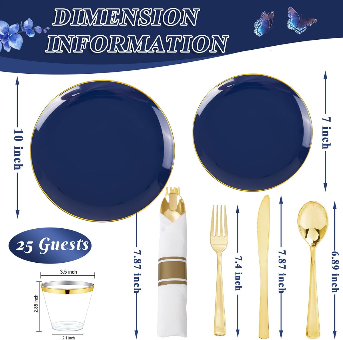 KIRE 175Pcs Blue Plastic Plates - Navy Blue Plates Disposable - 25 for Dinner 25 for Dessert 25 Pre