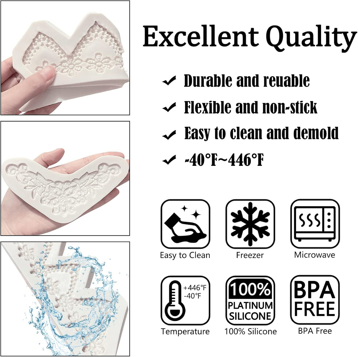 Lace Fondant Mold Set of 3, Edible Lace border Cake Decorating Imprint Mat Silicone Molds for