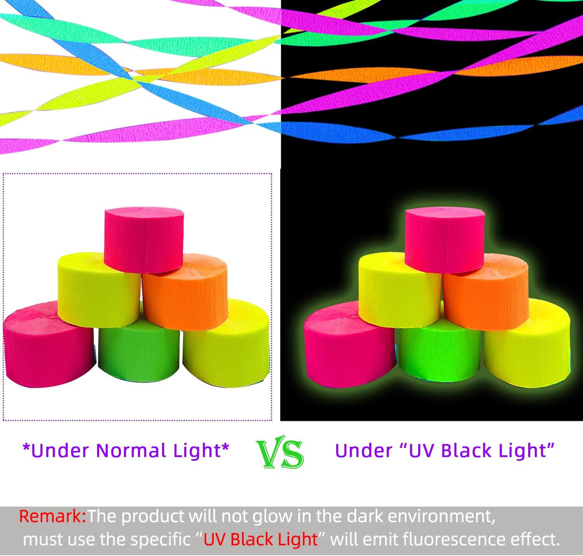 400 feet Glow Party Neon Streamer Decorations Glow Crepe Paper Streamers UV Reactive Fluorescent
