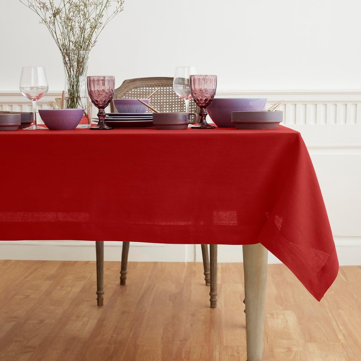 Solino Home Linen Red Tablecloth 60 x 156 Inch - 100% Pure Linen Rectangular Tablecloth - Machine