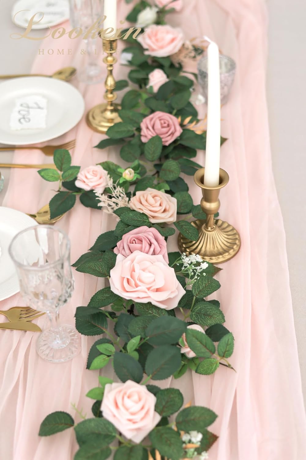 Lookein Artificial Rose Flower Garland Greenery Garland 5FT for Wedding Ceremony Backdrop Arch