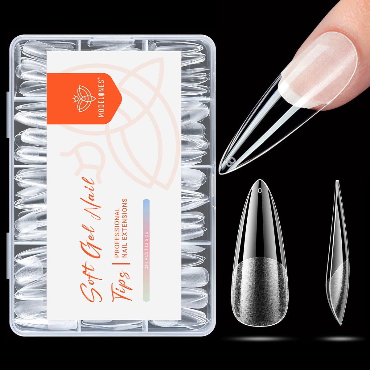 modelones Long Stiletto Nail Tips, Pre-shaped Soft Gel Tips Fake Nails False Acrylic Clear Full