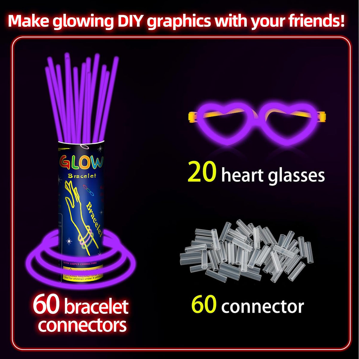 60 Pack 8” Purple Glow Sticks Bulk Bright Glow Sticks with 60 Connectors 20 Heart Glasses Glow In