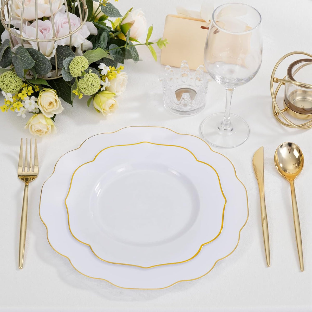 bUCLA 180PCS White and Gold Plastic Plates Disposable - White with Gold Rim Dinnerware Set Include