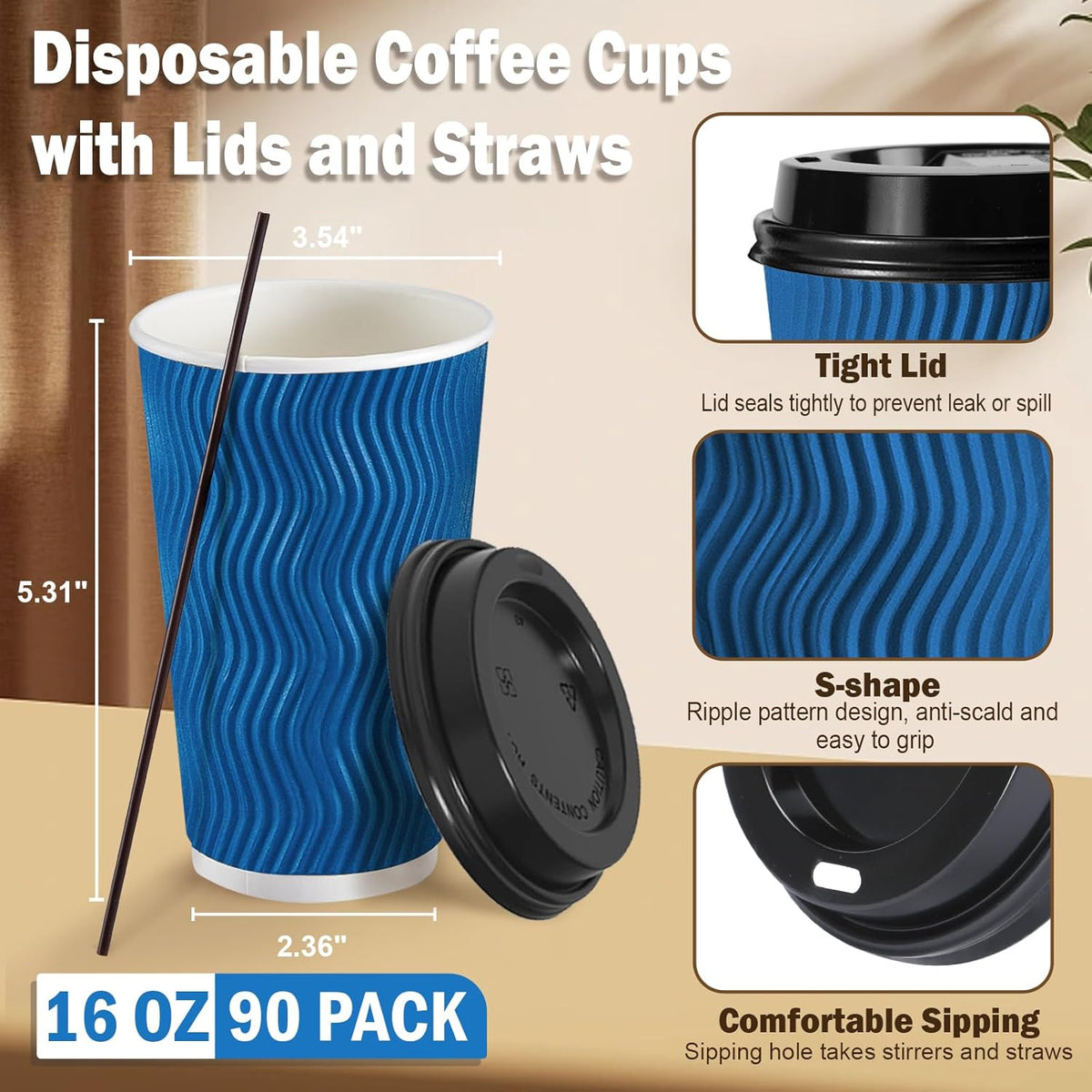 SIUQ 16 oz Coffee Cups-90 Pack Disposable Coffee Cups with Lids and Straws, Insulated Ripple Wall