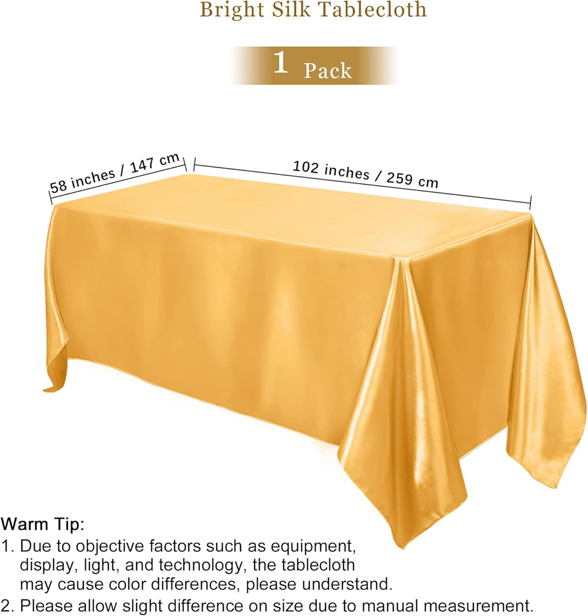 TURSTIN 1 Pack Gold Satin Tablecloth 102 x 58 Inch Overlay Satin Table Cover Rectangle Bright Silk