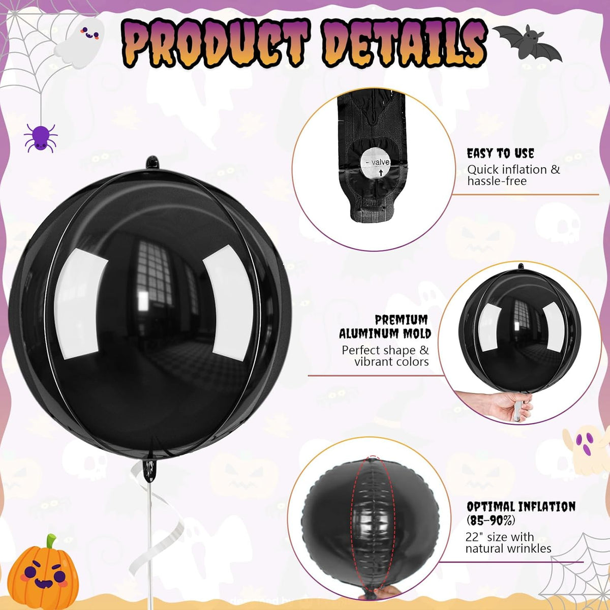 Halloween Black and Orange Foil Balloons, 6 Pcs Large Metallic Orange Black Purple Giant 4D Round