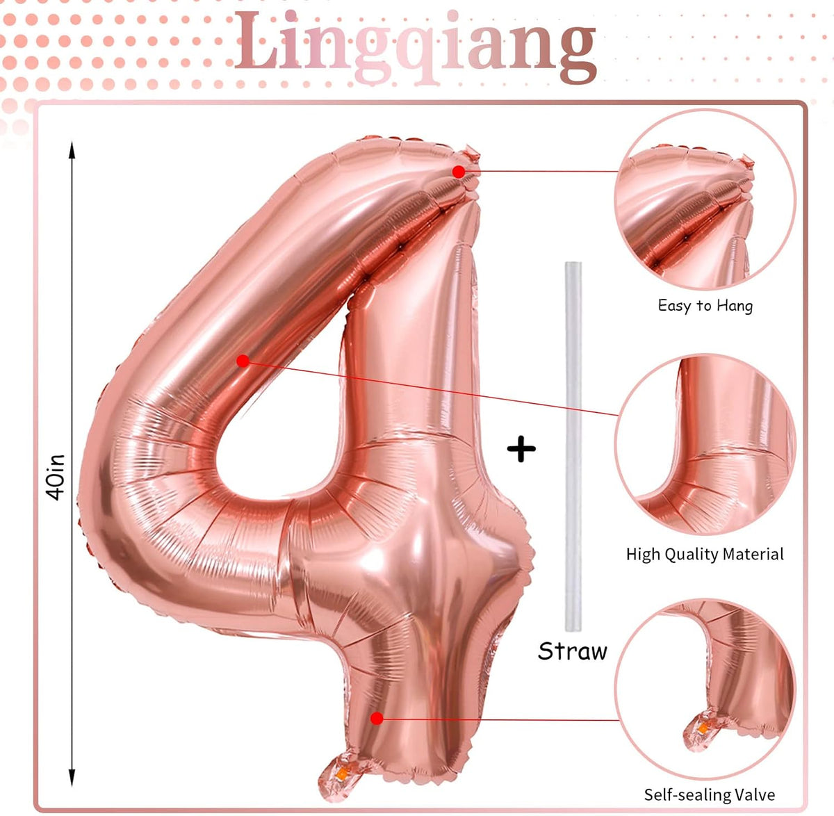 40 Inch Rose Gold Number 4 Balloon for Girls, Large Self Inflating Foil Number Balloons 0-9, Digit
