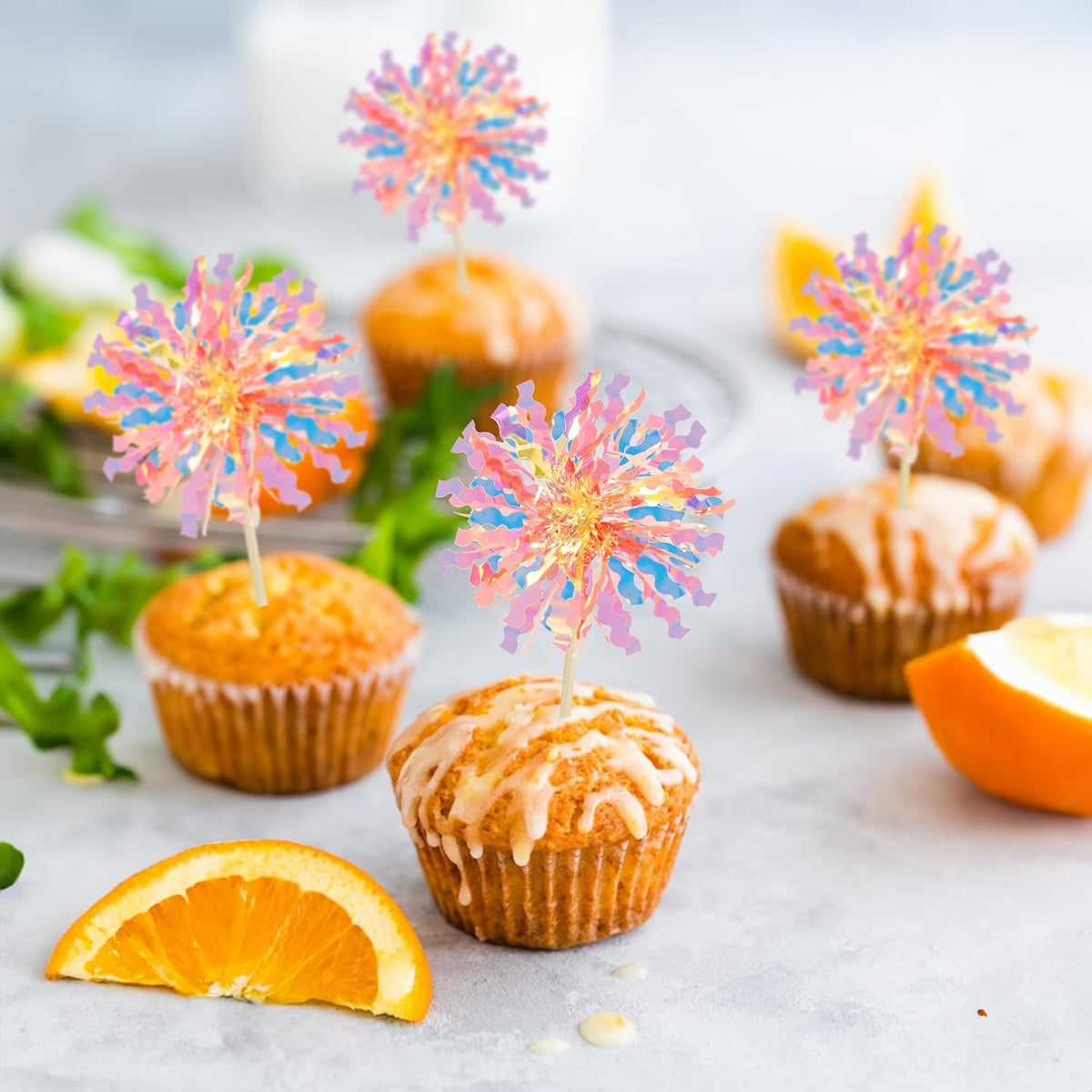 Ephlyn 30Pcs Foil Firework Cupcake Toppers Happy Birthday Cake Toppers Tinsel Flower Drink Stirrers
