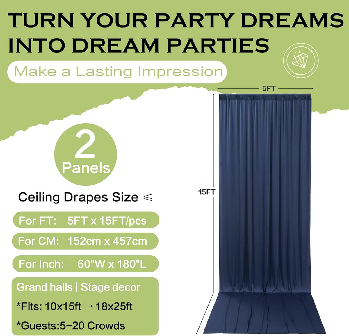 PartyVillage 10ft×15ft Navy Blue Backdrop Curtain for Wedding Parties, 2 Panels Wrinkle Free 15 FT