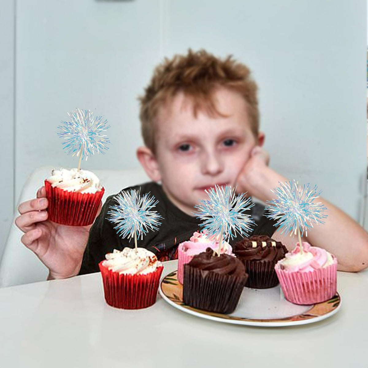 Gyufise 30Pcs Foil Firework Cupcake Toppers Sparkle Tinsel Cake Toppers Tinsel Drink Cake