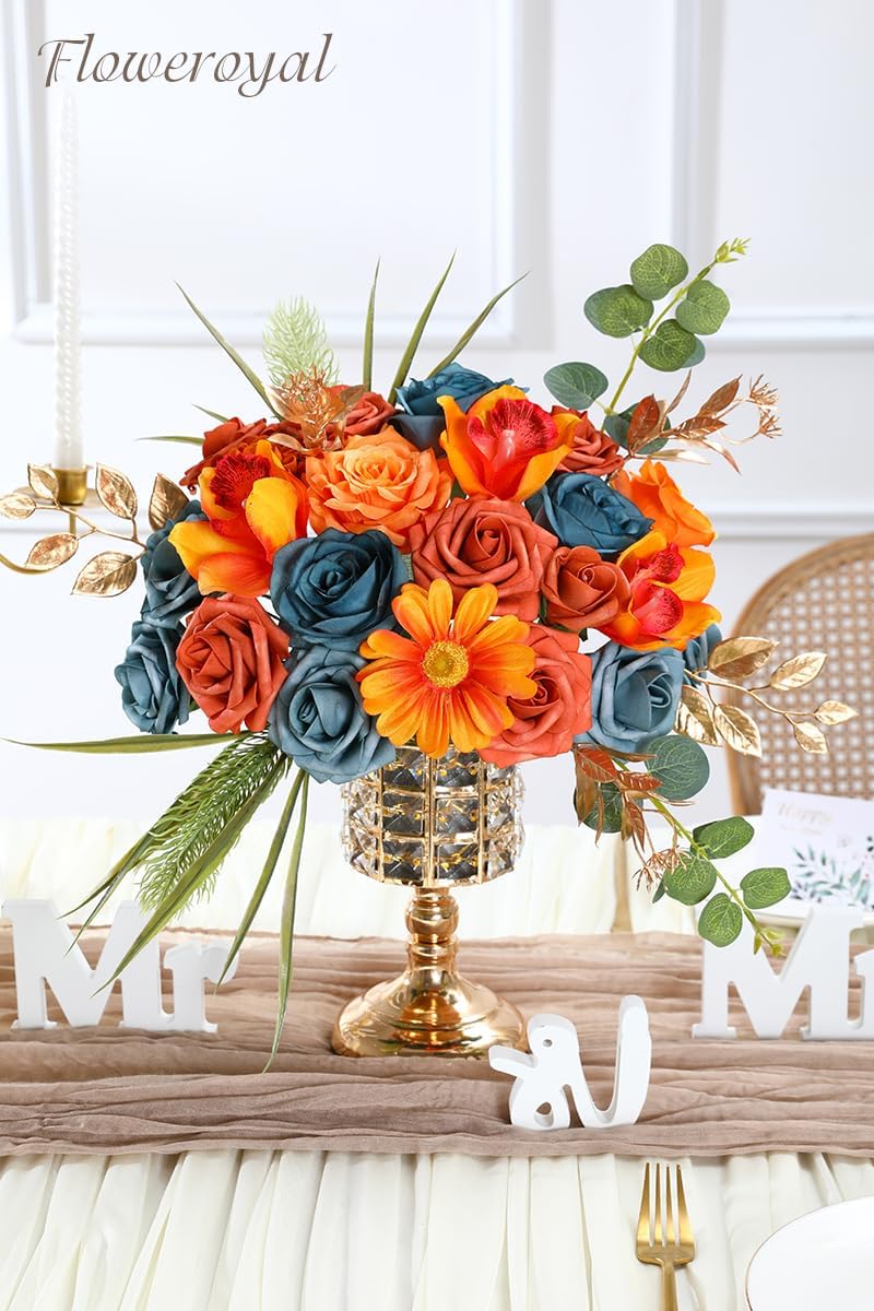 Floweroyal Artificial Flowers Combo Orange Flowers Mix Silk Flowers Fake Roses with Stems for DIY