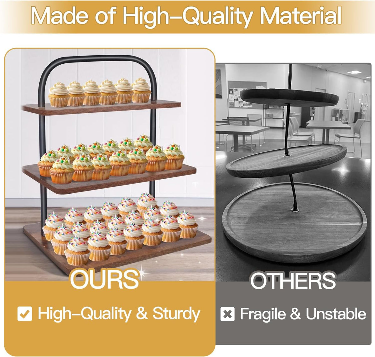 Cupcake Stand, 3 Tier Large Cupcake Stand for 50 Cupcakes Rustic Cupcake Display Stand Square Wood