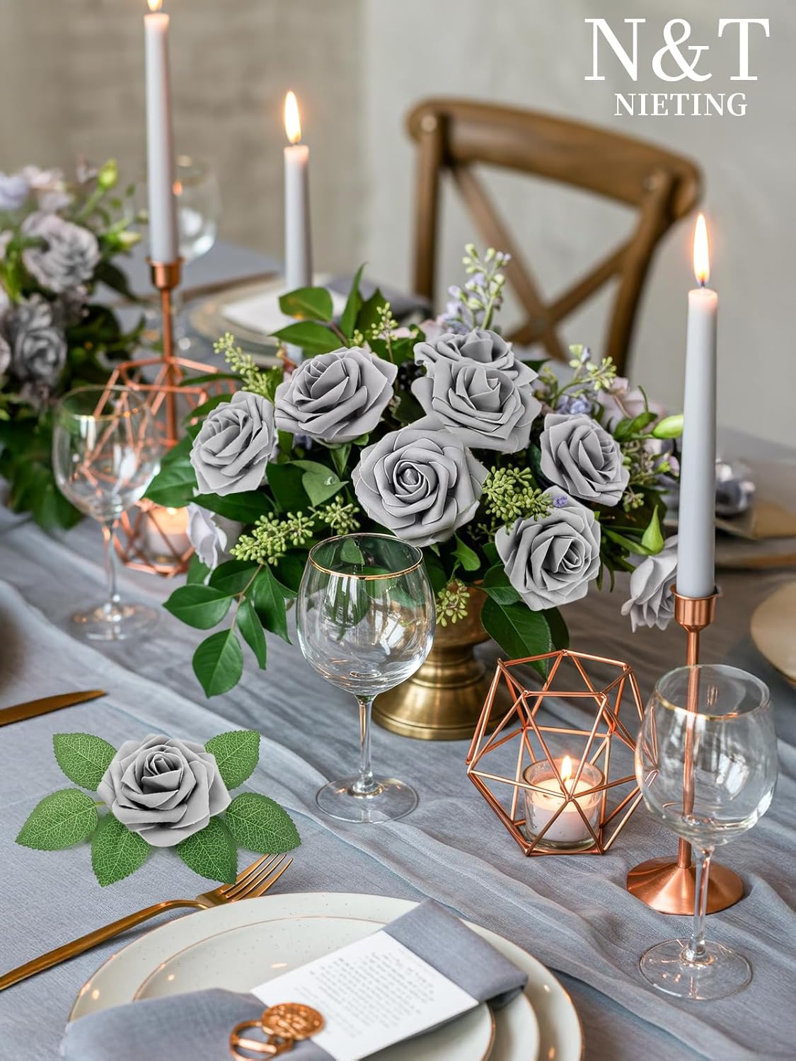 N&T NIETING Artificial Rose, 25pcs Gray Fake Foam Flowers with Stems for Wedding Party Baby Shower