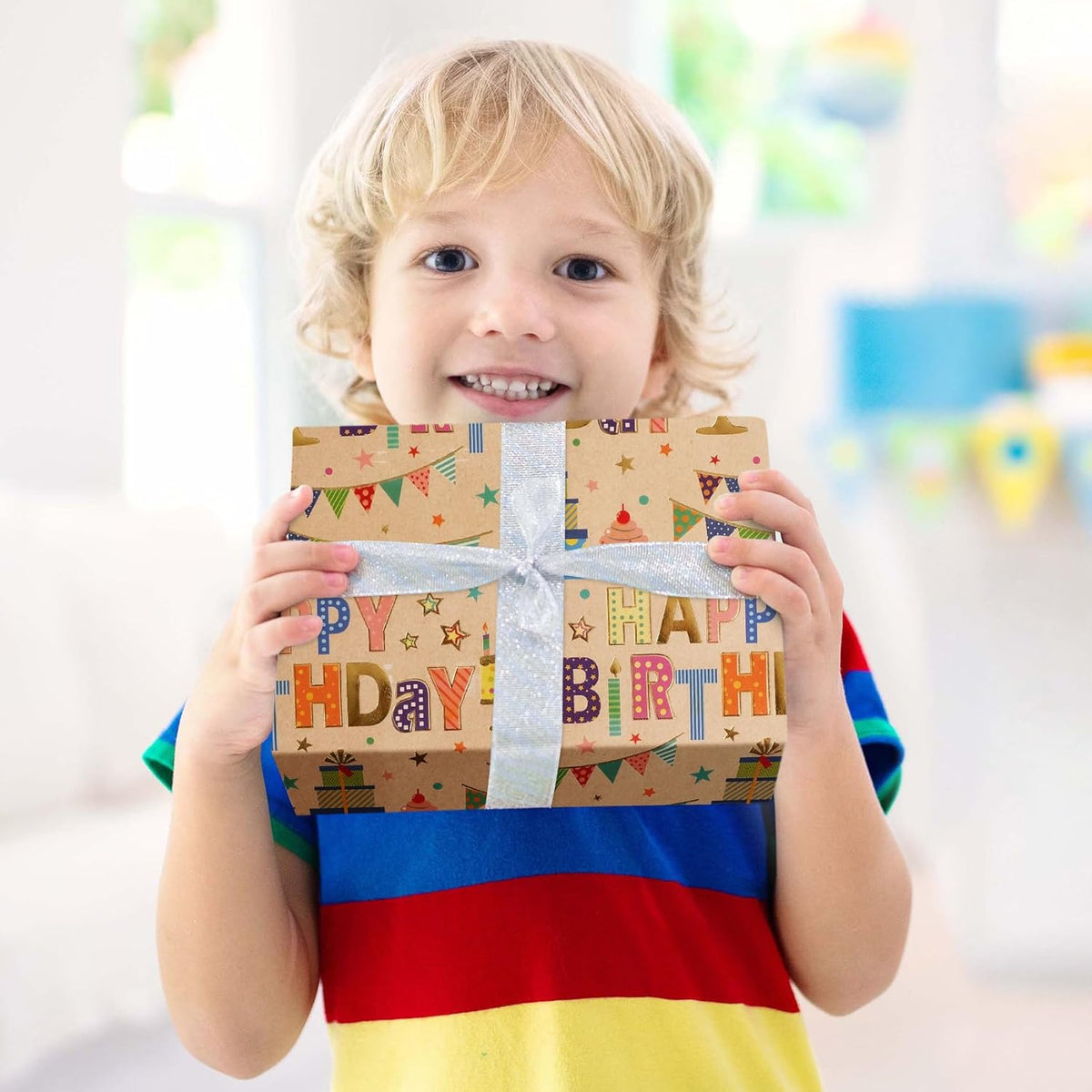 Aimyoo Colorful Birthday Wrapping Paper Roll - 17 Inch X 32.8 Feet - Gold Foil Happy Birthday