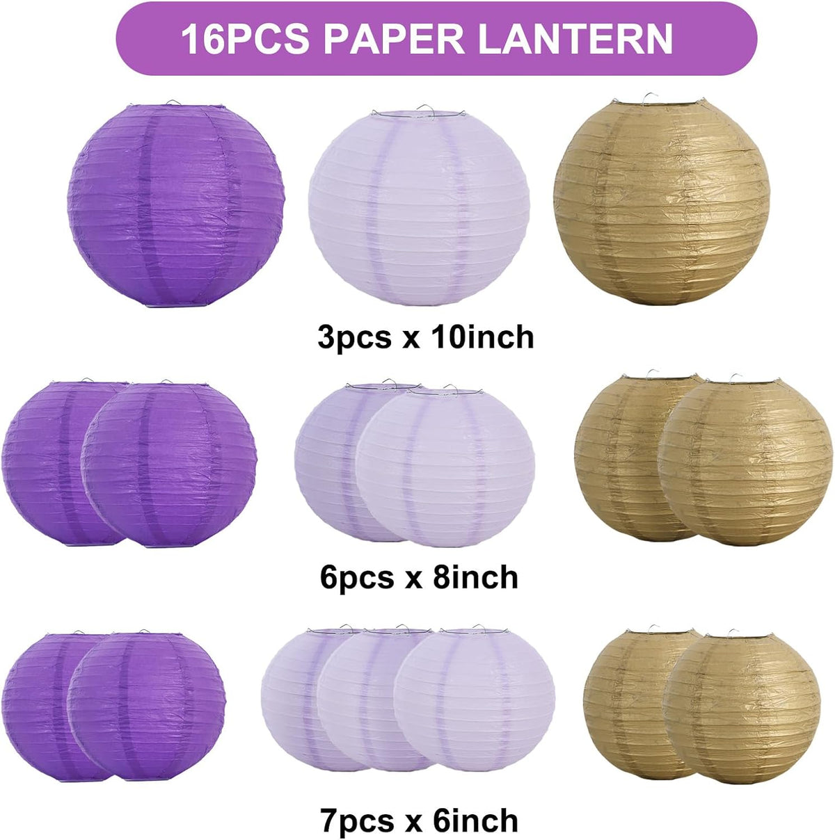 BEISHIDA 16 Pcs Purple Gold Paper Lanterns,Hanging Decorative Chinese Japanese Round Paper Lantern