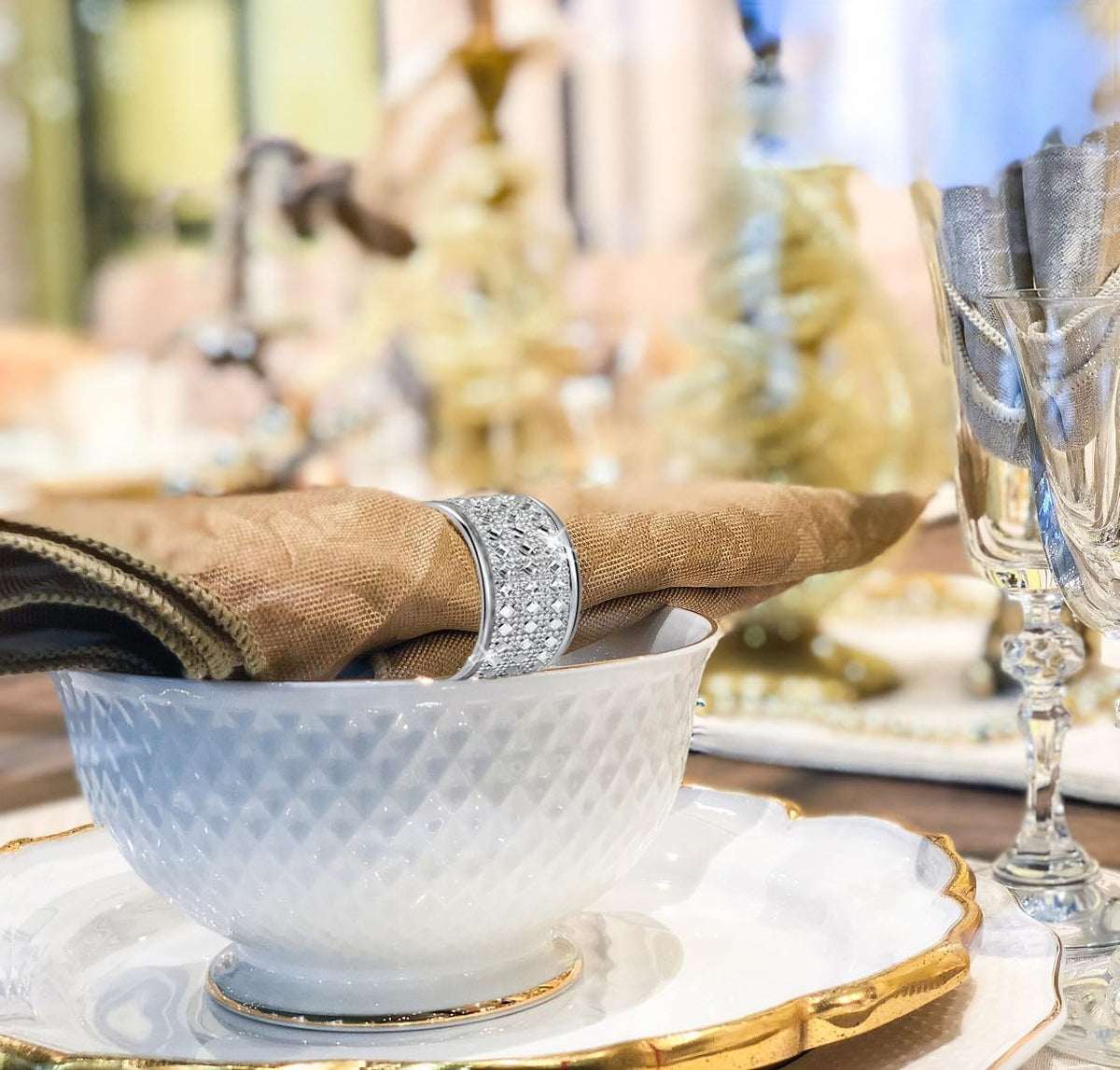 Silver Diamond Napkin Ring Set of 24 Rhinestone Crystal Glass Framed Napkin Holder for Table