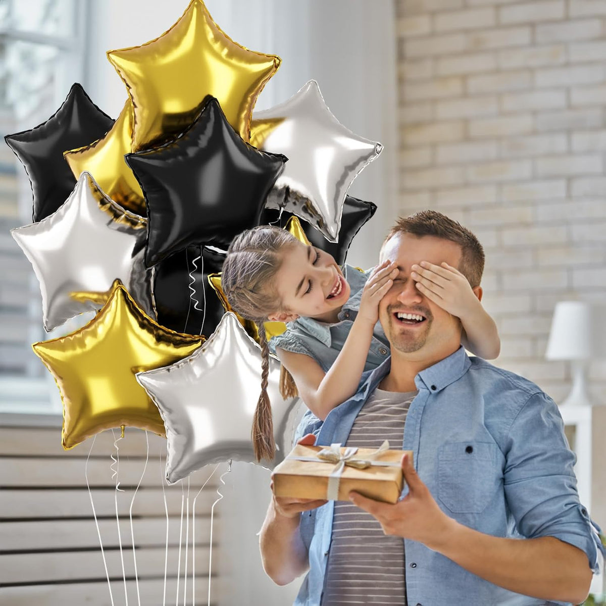 Black Gold Star Foil Balloons, 18 Inch 12Pcs Silver and Black Pentagram Aluminum Foil Balloon