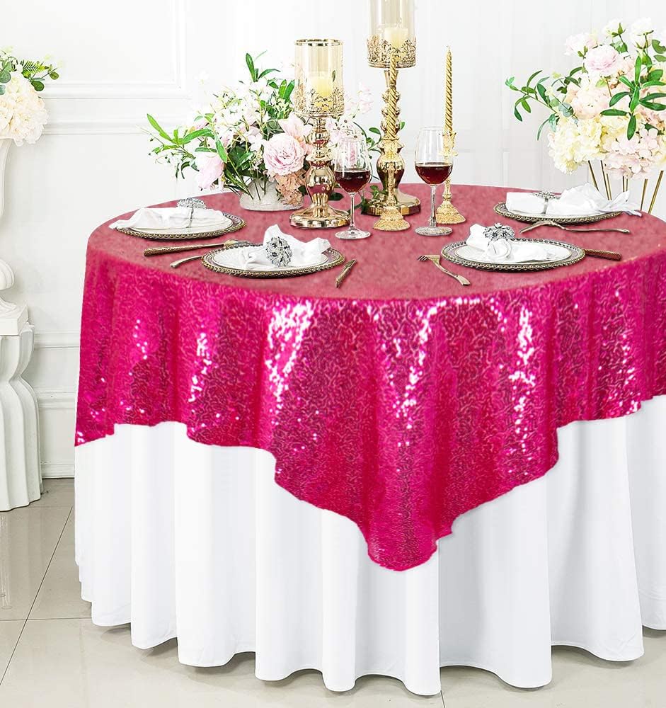 ShinyBeauty Sequin Tablecloth 72x72-Inch Hot Pink Square Sequin Table Cover Glitter Table Cloth for