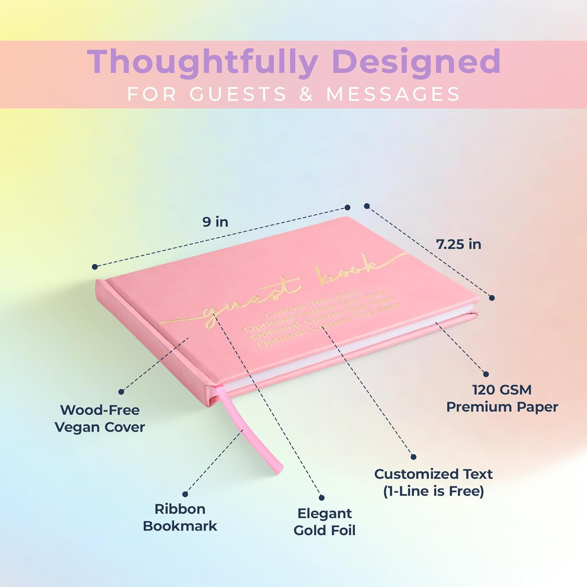 Promot Personalized Guestbook for Party (Pastel Pink) - 110 Lined Pages in Wood-Free Vegan Leather