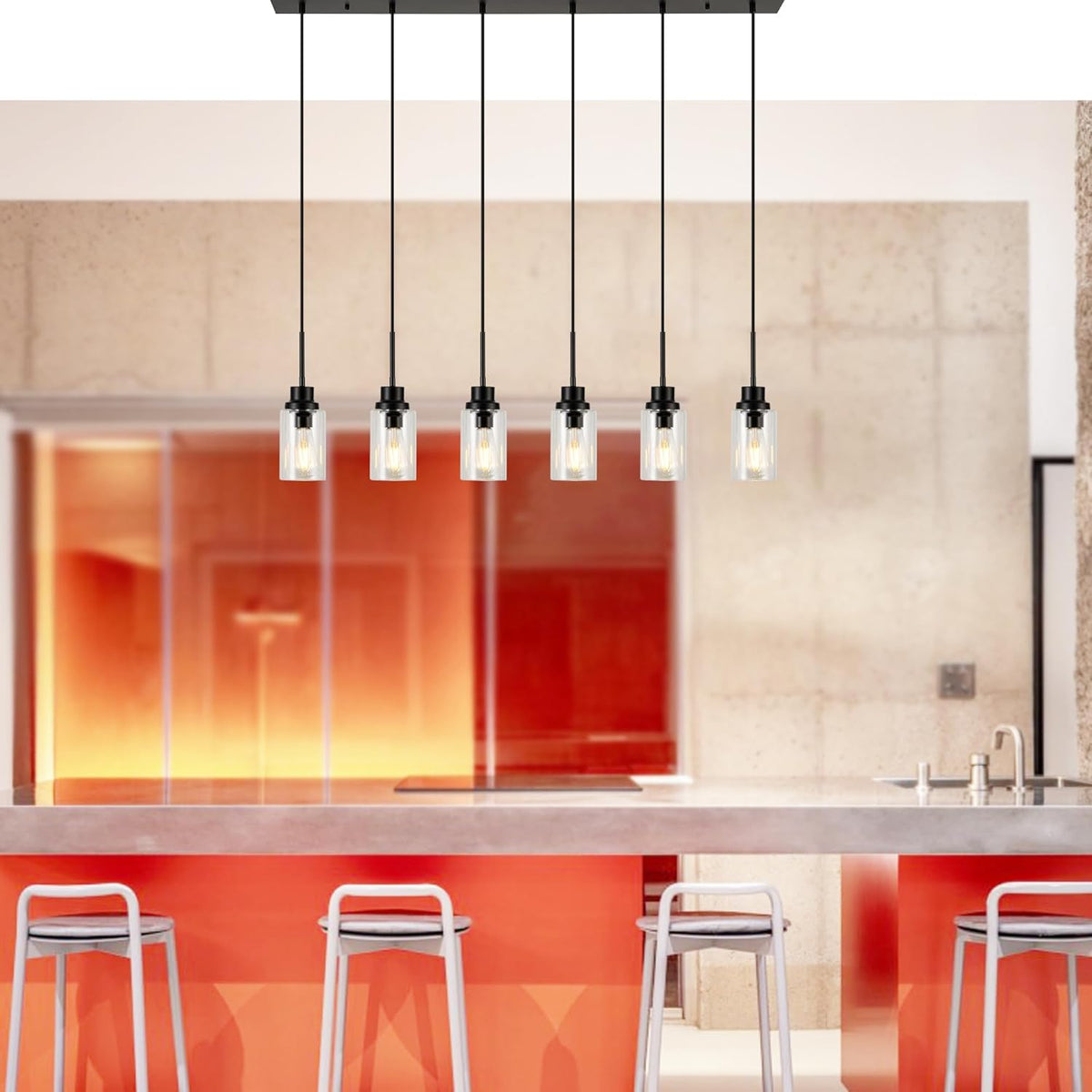 6 Lights Island Lights for Kitchen Modern Industrial Black Linear Chandeliers with Clear Glass