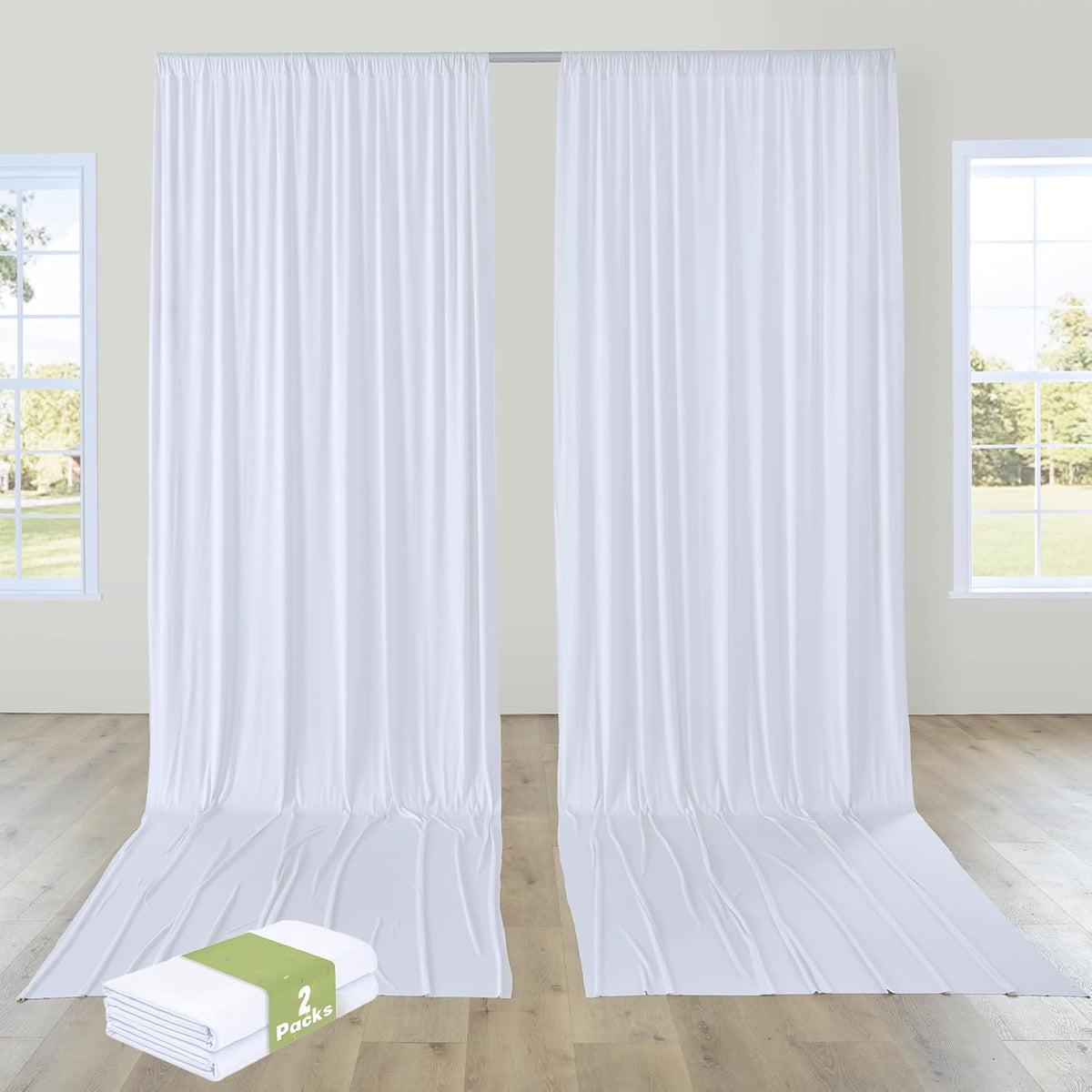 PartyVillage 10ft×15ft White Backdrop Curtain for Wedding Parties, 2 Panels Wrinkle Free 15 FT Long