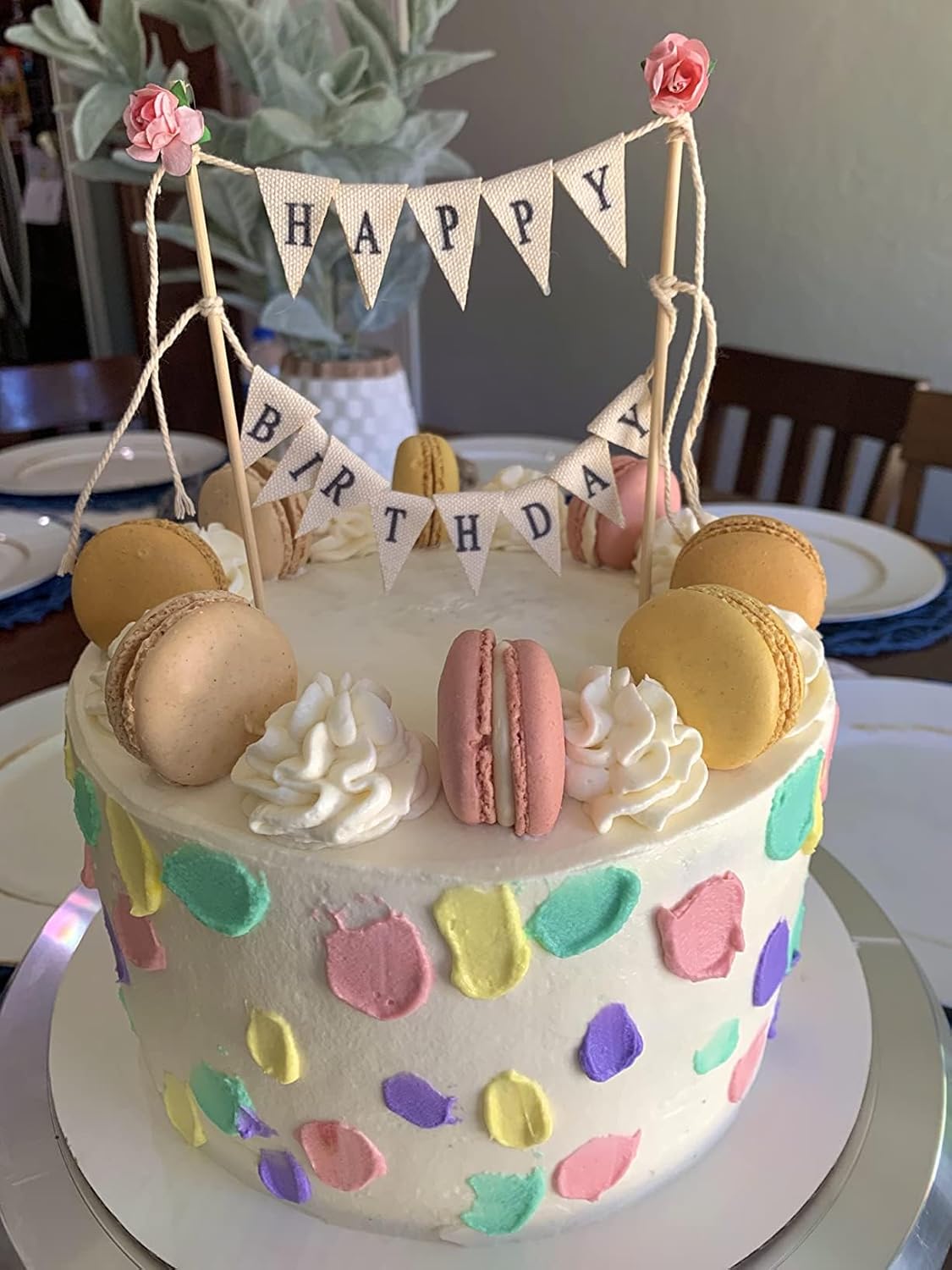 Happy Birthday Cake Bunting Topper Cake Topper Garland, Handmade Pennant Flags with Wood Pole Ivory