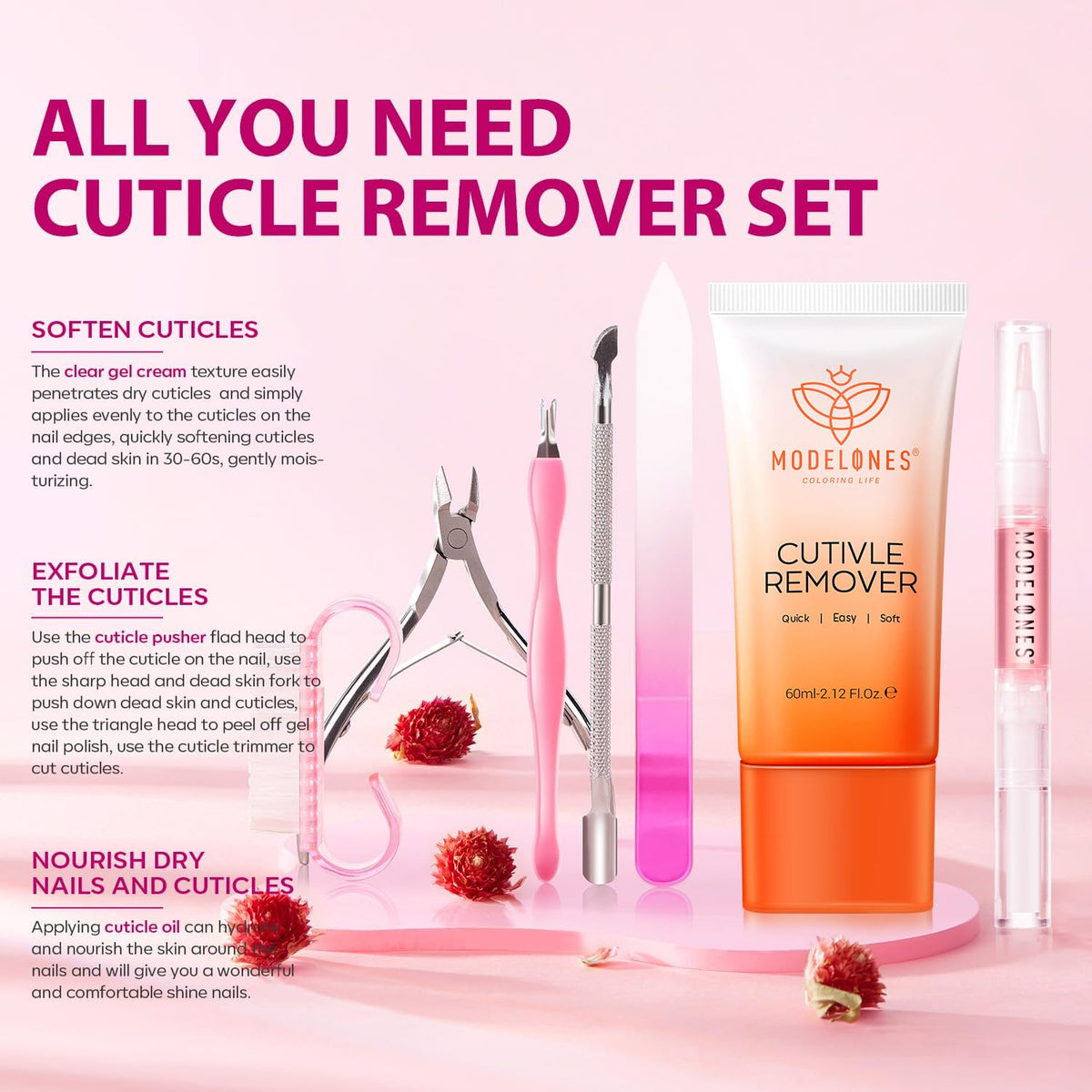 Modelones Cuticle Remover Kit - Cuticle Remover Cream & Cuticle Oil, Cuticle Care Kit w/Cuticle