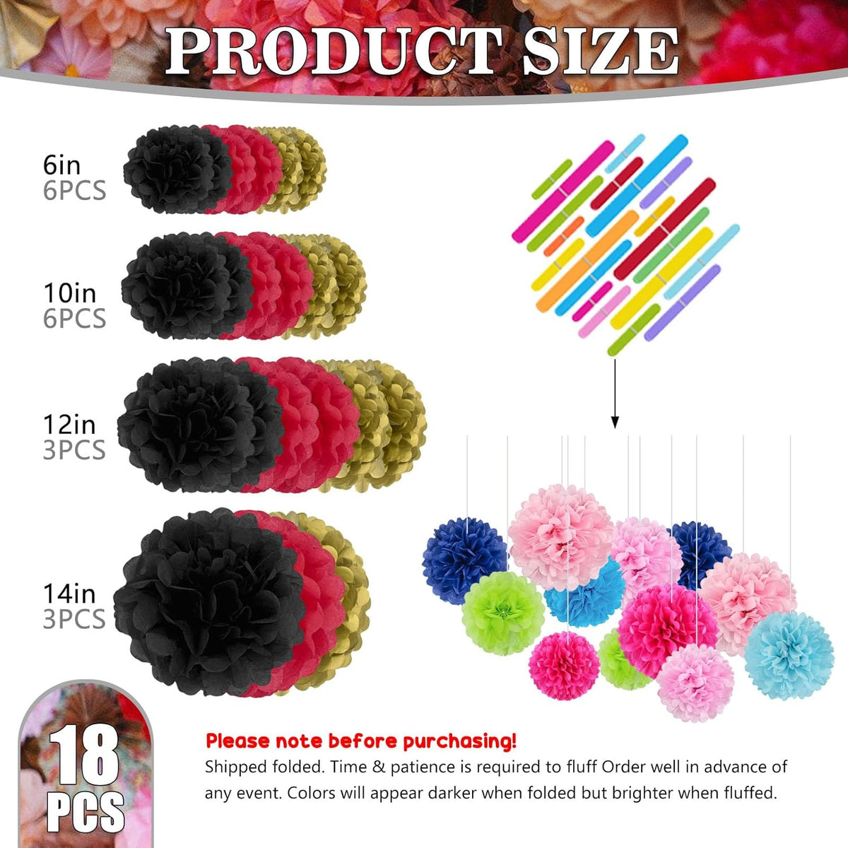 Tissue Paper Pom Poms, Black Gold Red Tissue Paper Flowers, Hanging Flower Balls for Weddings