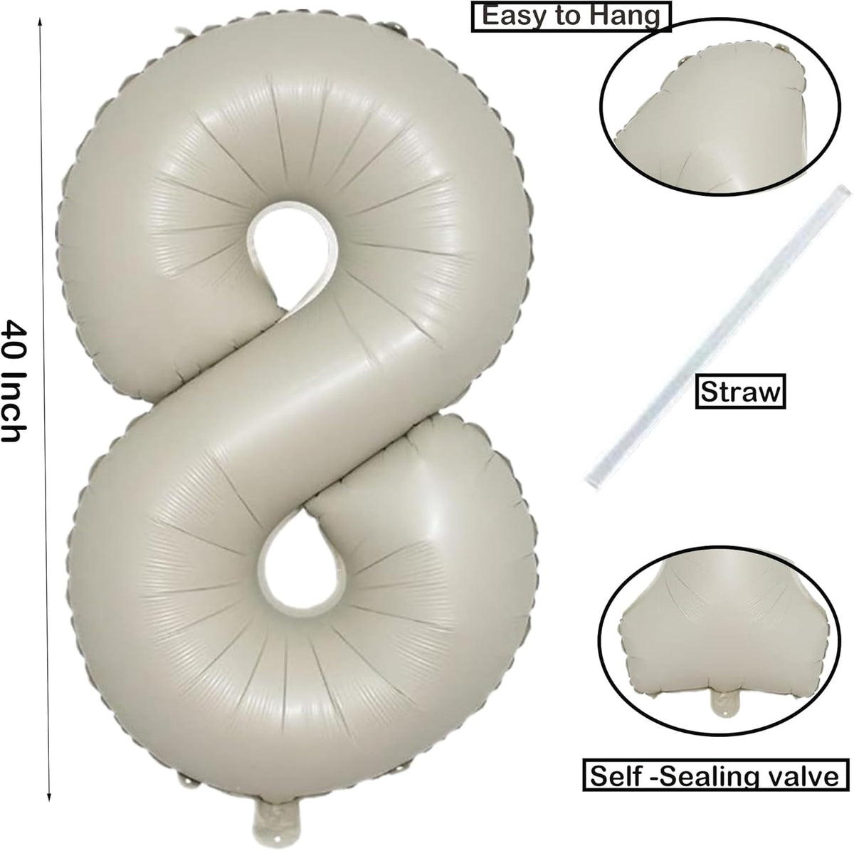 40 Inch Cream White Number 8 Balloon Mylar Big Foil Helium Number 8 18 28 38 48 58 68 88 Balloon