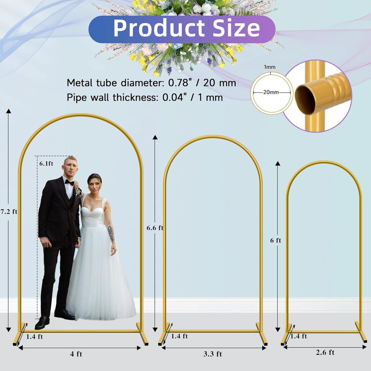 HEMMOTOP Metal Arch Backdrop Stand, Set of 3 (7.2ft / 6.6ft / 6ft) Wedding Arch Stand for Party