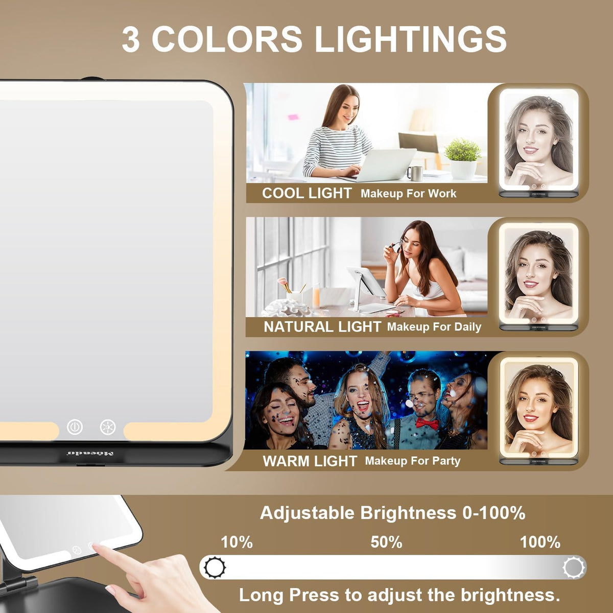 Mocado Travel Makeup Mirror with Light - 7x5 Inches Tripple Folding Travel Mirror with Light, 3