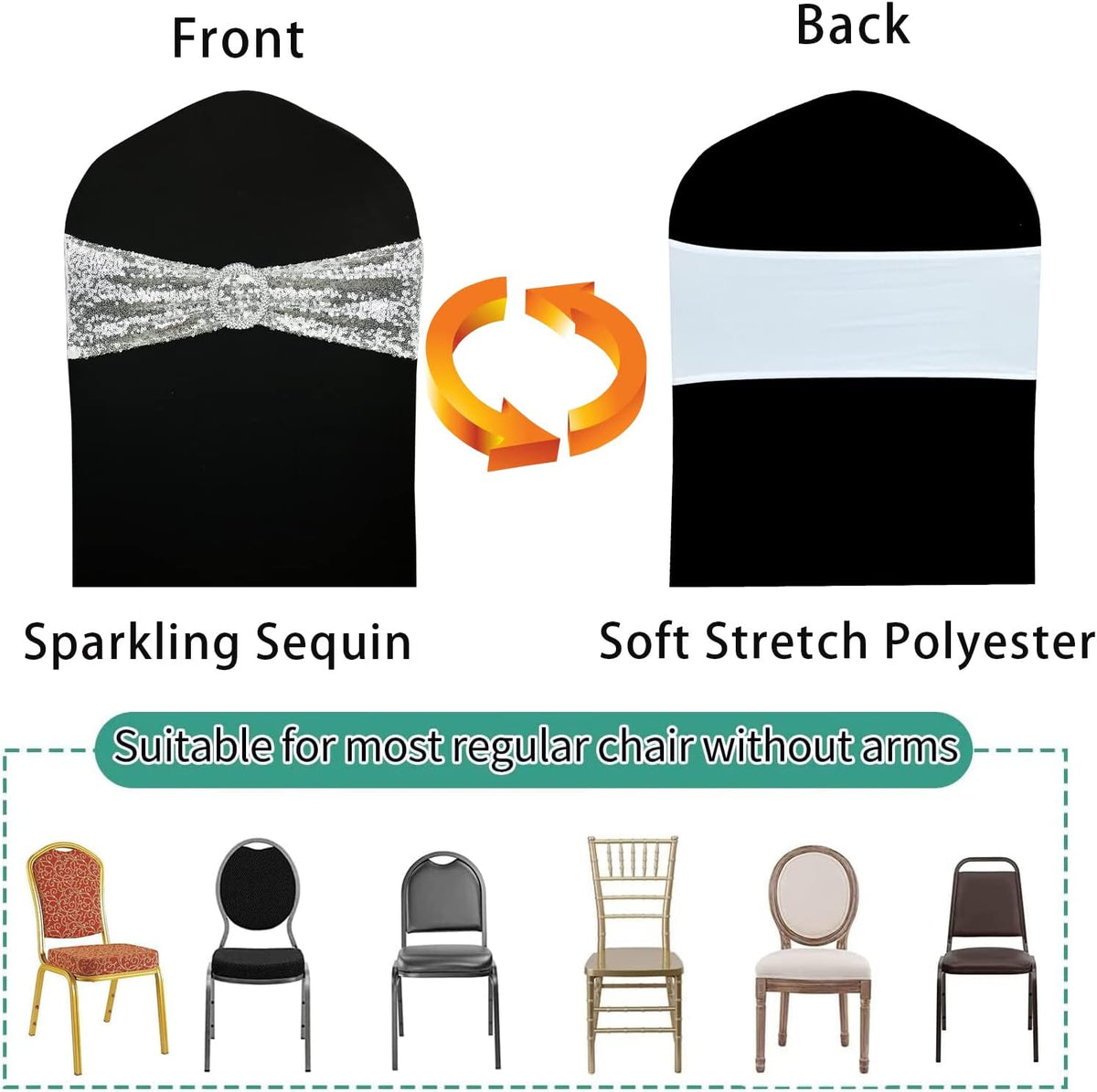 10 Pcs Chair Sashes Sequin Stretch Chair Bands Spandex Polyester Bows for Party Hotel Wedding