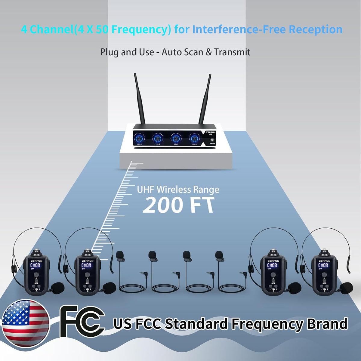 4 Channel Rechargeable Wireless Microphone System, Pro UHF Metal Headset Lavalier Lapel Cordless