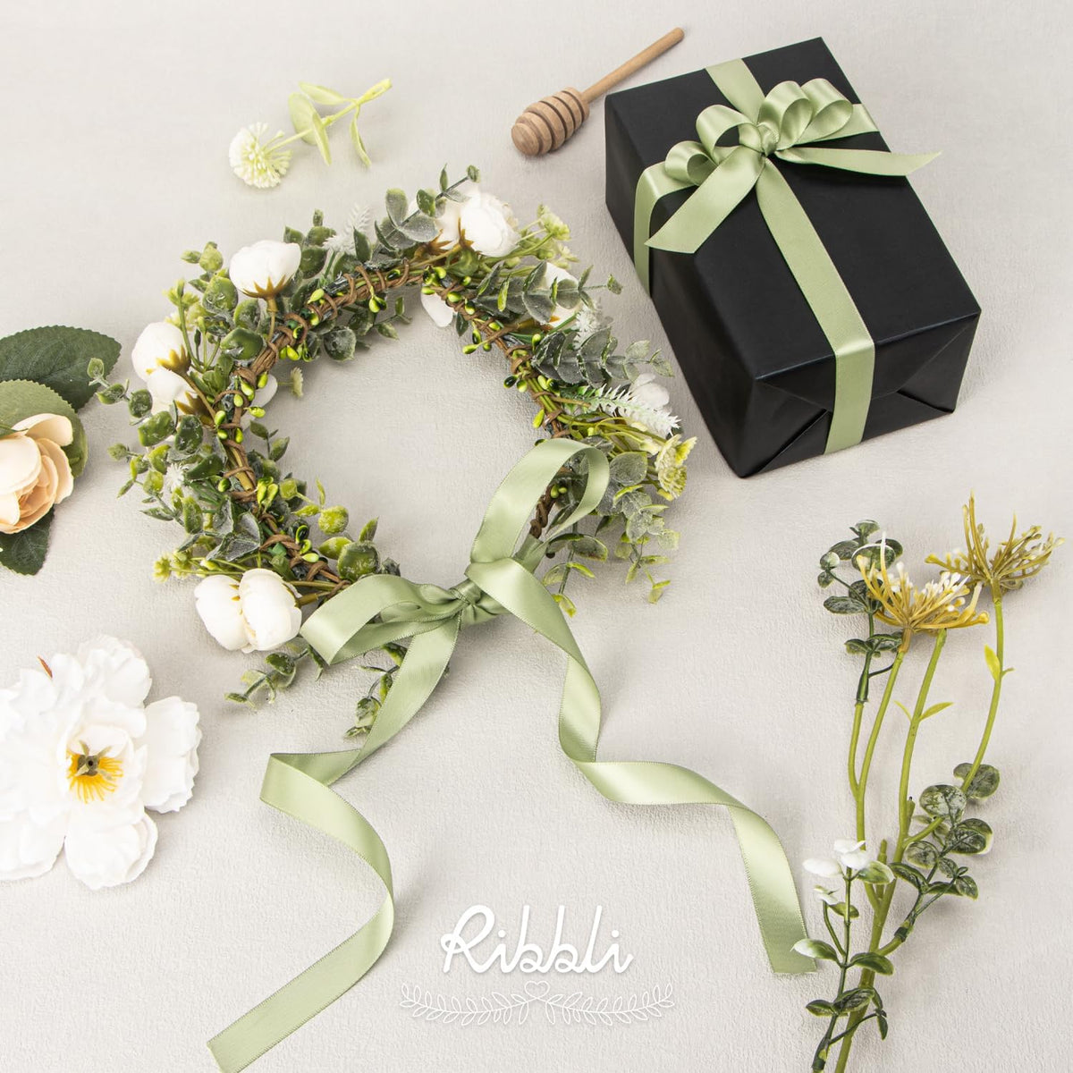 Ribbli Dusty Sage Satin Ribbon Double Faced Satin 5/8 Inch x Continuous 25 Yards-Sage Green Ribbon