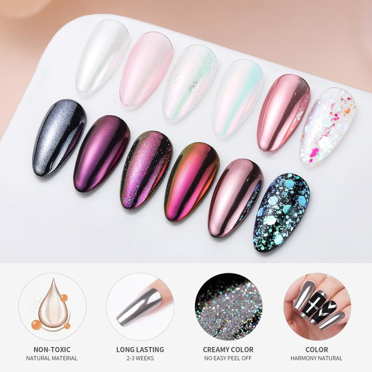 Born Pretty Pink Chrome Nail Powder Metallic Mirror Glitter Sequins Holographic Aurora Pigment