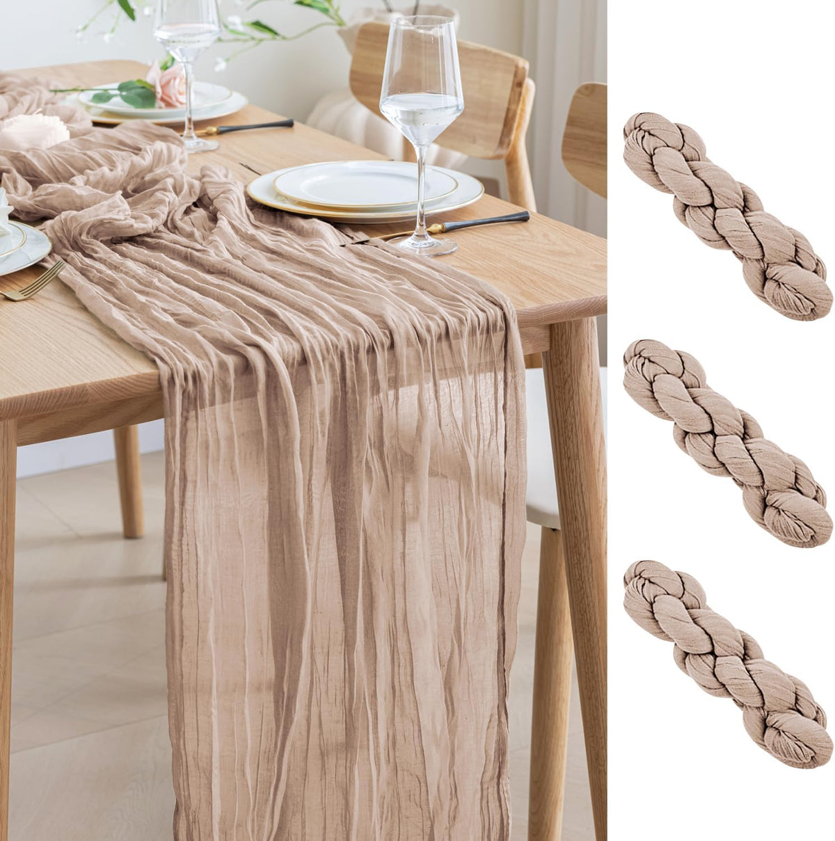 Asee'm 3pcs Cheesecloth Table Runner 120 Inches Long Nude Pink Boho Gauze Cheese Cloth Runner 10FT