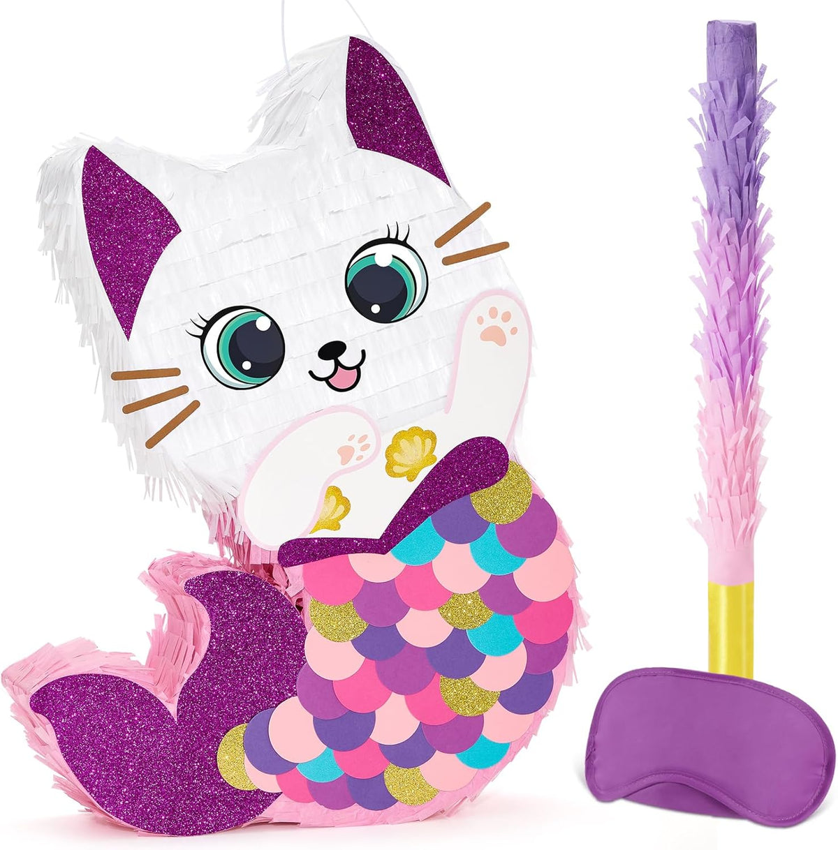 WERNNSAI Cat Piñata - Kitten Mermaid Birthday Party Decorations Kids Mermaid Pinata with Blindfold