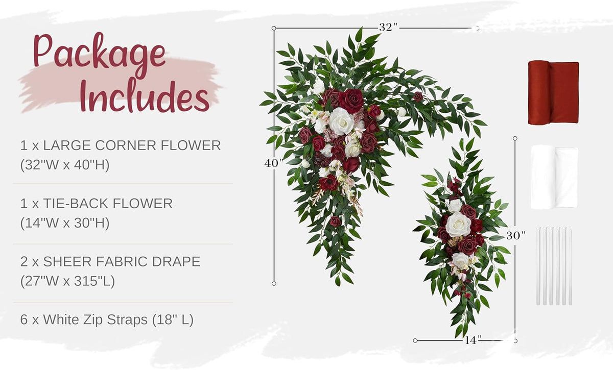 Wedding Arch Flowers with Drapes Kit (Pack of 4) - 2pcs Artificial Christmas Marsala Deluxe Swag