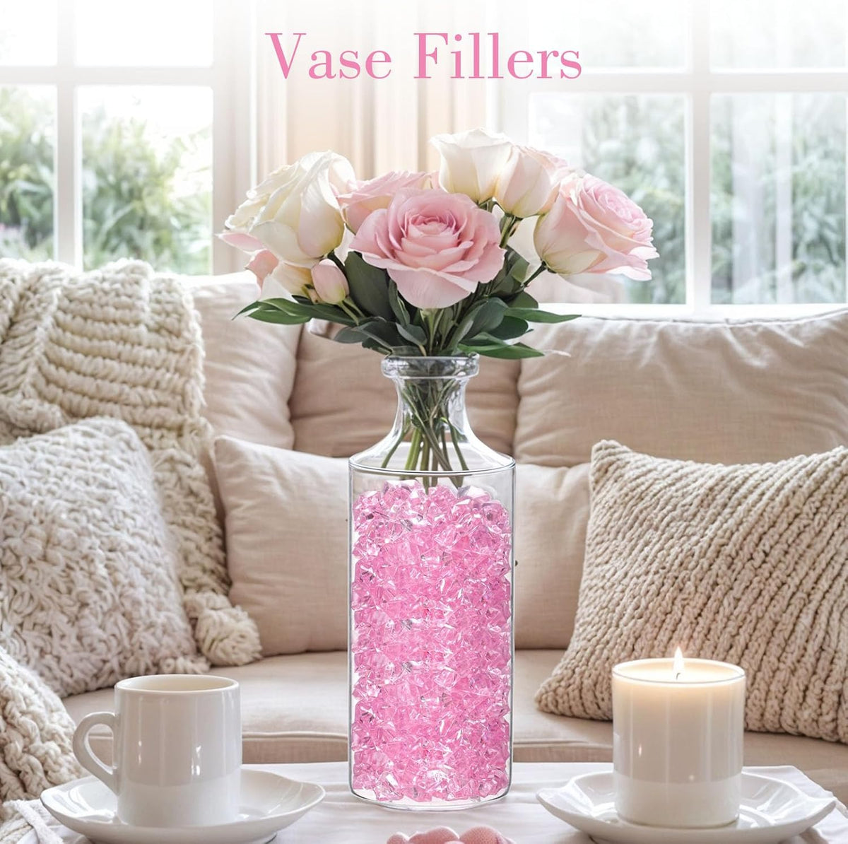 DOMESTAR Pink Fake Ice, 150PCS Acrylic Fake Diamonds, Plastic Crystals Gems, Vase Fillers DIY Craft