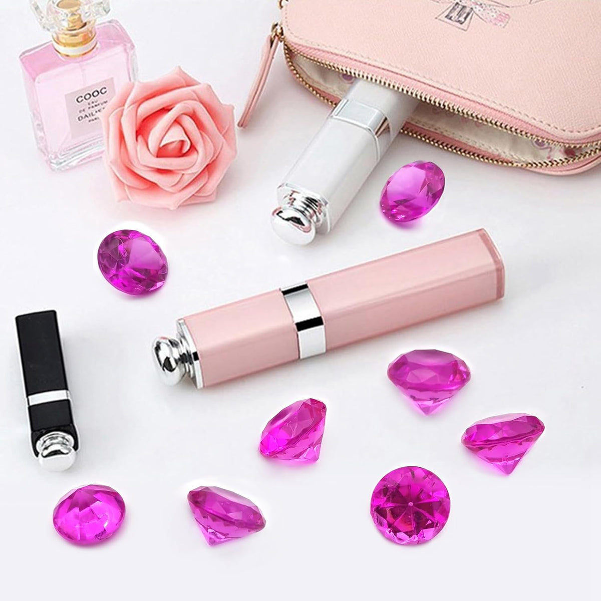 100 PCS Acrylic Diamond Gems, Rose Color Acrylic Diamonds Vase Filler 1 Inch Acrylic Gemstones Fake