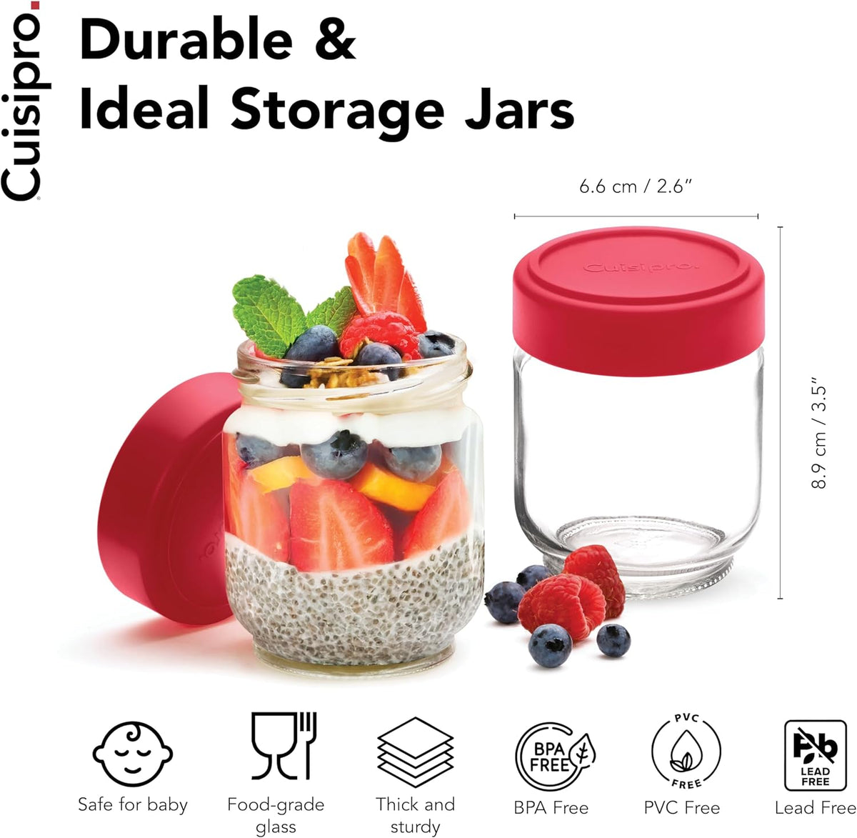 Cuisipro Jars with Lids, 6 Oz Glass Jars with Airtight Lid Wide Mouth, 4 Pack, Canning Jars for